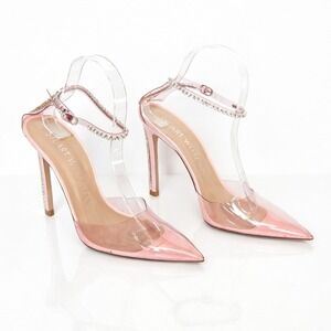 Stuart Weitzman Glam 100 Embellished Pointed Toe Pump Pink/Clear Sz 8.5 READ*
